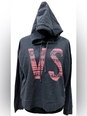 Victoria’s Secret Cropped Hoodie Pullover Sweatshirt VS Logo Dk Heather Gray L